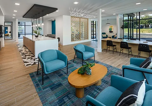 Student lounge and study space at The Current student housing community near Cal Poly Pomona