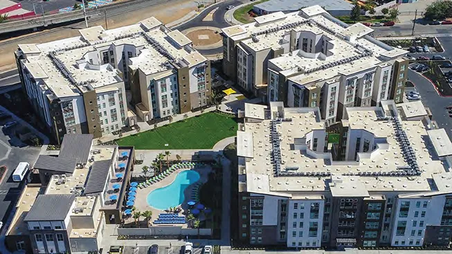 The Crossings student housing exterior near Sacramento State in Sacramento, California